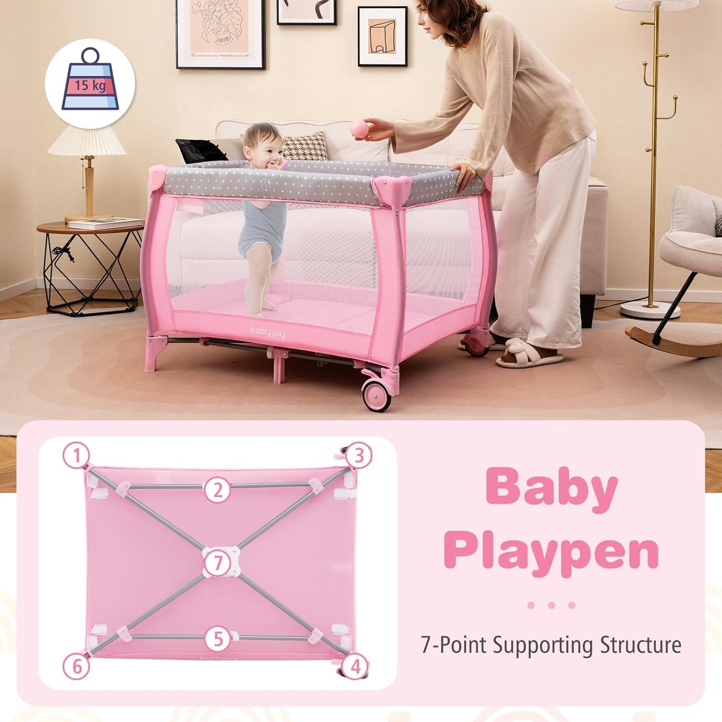 BABY JOY 3 in 1 Portable Pack and Play with Bassinet, Convertible Baby Travel Crib Playard with Changing Table, Brake Wheel, Newborn Napper with Large Capacity Storage Shelf, Oxford Carry Bag