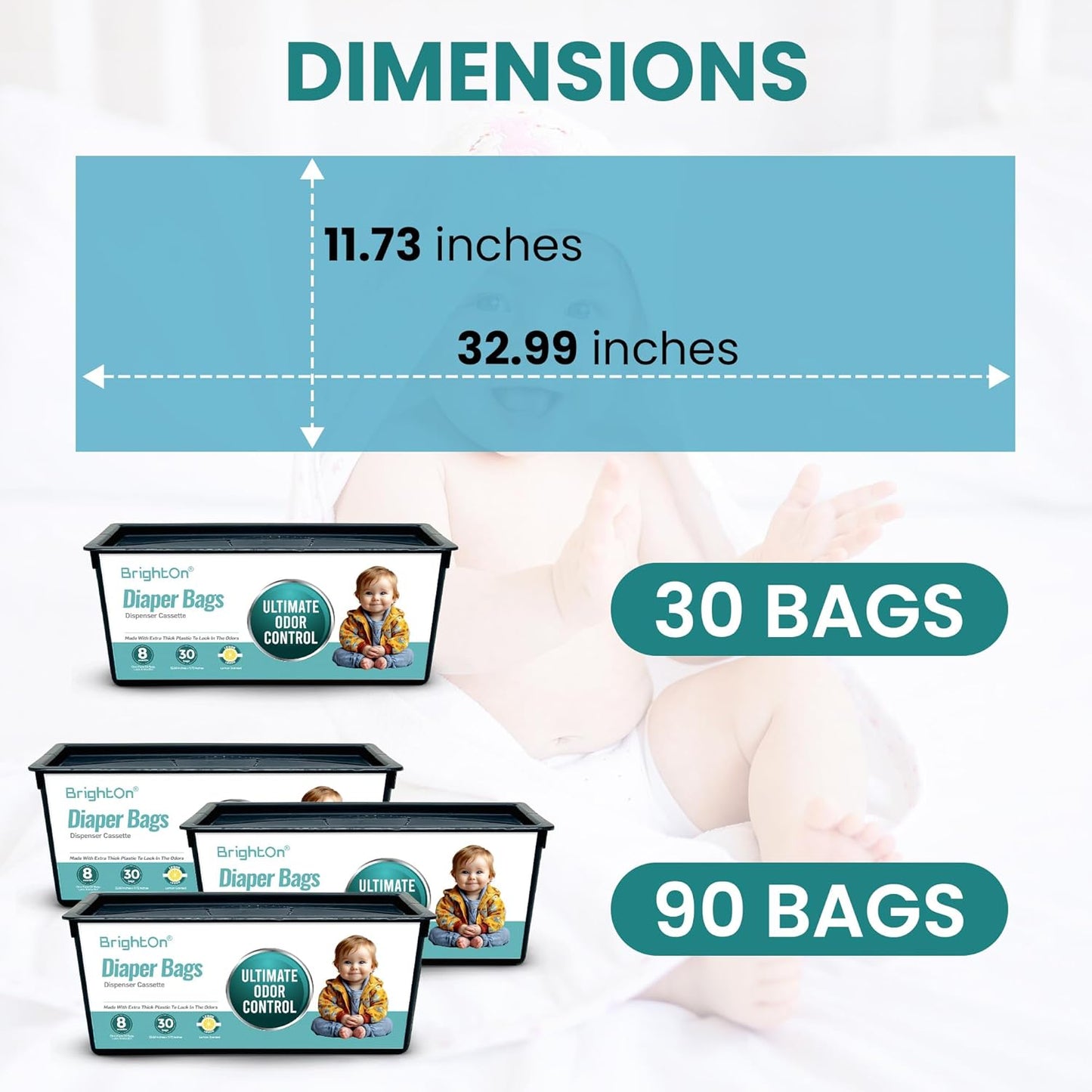 BrightOn® Diaper Pail Refill Bags, 30 Bags Per Refill, Compatible with Genie Easy Roll Signature Diaper Pails, Holds Up to 2820 Newborn Diapers, Real 7 Layer Odor Barrier, Unscented, 2PACK (60 Bags)