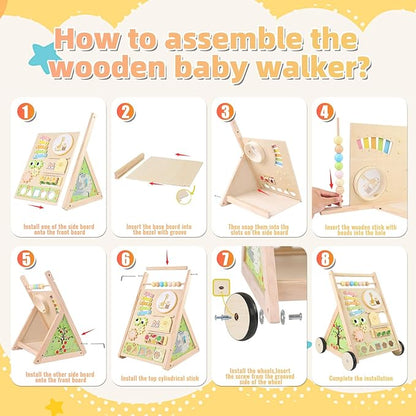 Wooden Baby Walker with Wheels Baby Push Walker for Boys Girls 6-12 Months Wooden Walker Activity Center Walking Toys for 1 Year Old Learning to Walk Sit to Stand Walker for Baby 12-18 Months Push Toy