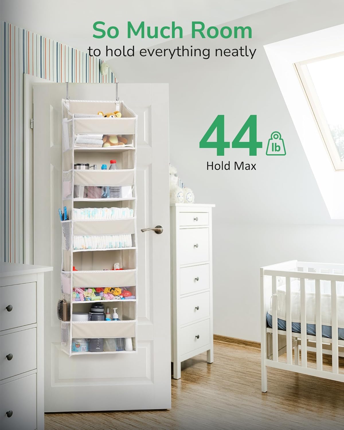 ULG 1 Pack Over Door Organizer with 5 Large and 10 Mesh Side Pockets, 44 lbs Weight Capacity Hanging Storage with Clear Window Kids Toys, Shoes, Diapers, Dark Grey, 5 Layers