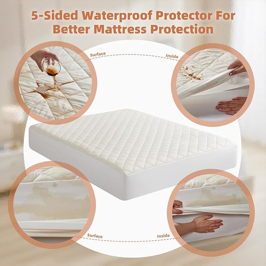 Organic Cotton Full Mattress Protector - Top&Side 100% Waterproof Mattress Protector, Breathable Organic Mattress Protectors, Noiseless Full Mattress Protectors Waterproof 75x54x17 in