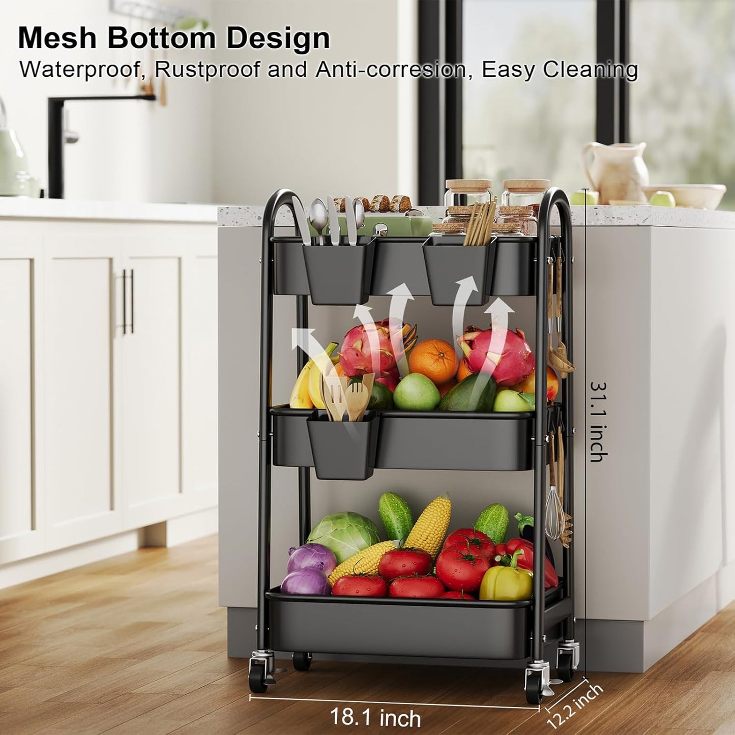 Beige 3 Tier Rolling Cart Metal on Wheels, Three Tiered Storage Organizer Utility Trolley with Wheels for Art, Craft, Baby Diaper Caddy, Snack, Book, Nail, Lash, Cleaning Supplies, Kitchen, Bathroom