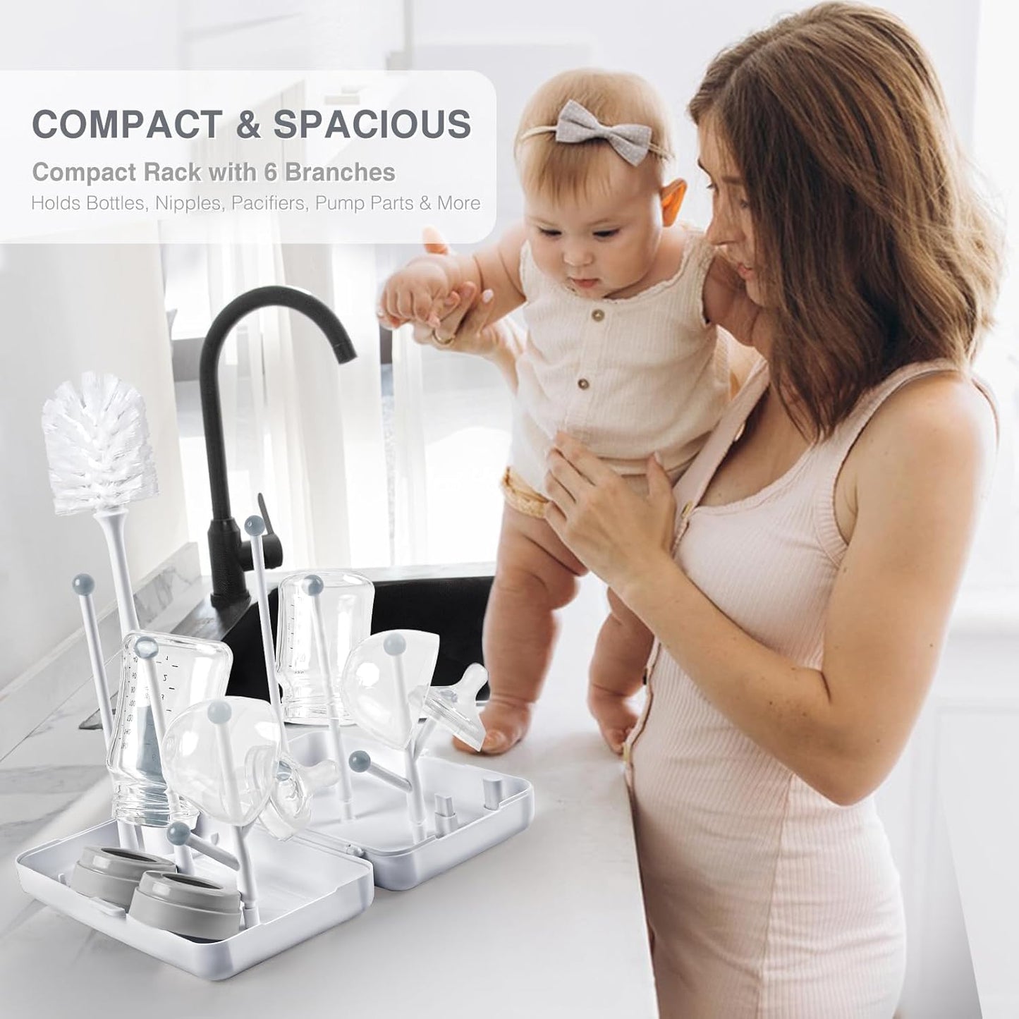 Baby Bottle Drying Rack with Tray, Termichy High Capacity Bottle Dryer Holder for Bottles, Teats, Cups, Pump Parts and Accessories, Gray