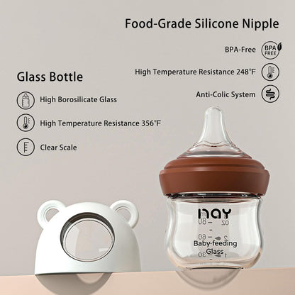 yanyoyo Natural Glass Baby Bottle for Breastfeeding Babies, 5.4oz Anti-Colic Baby Bottle with Natural Response Nipple(S), Clear, Wide Neck, 2 Pack, 1 Months+
