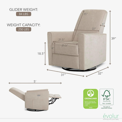 Evolur Harlow Upholstered Power Glider Recliner with USB Charging – Rocking & 275° Swivel with Smooth Glide – Greenguard Gold & FSC Certified – Modern Nursery and Living Room Chair in Light Sand