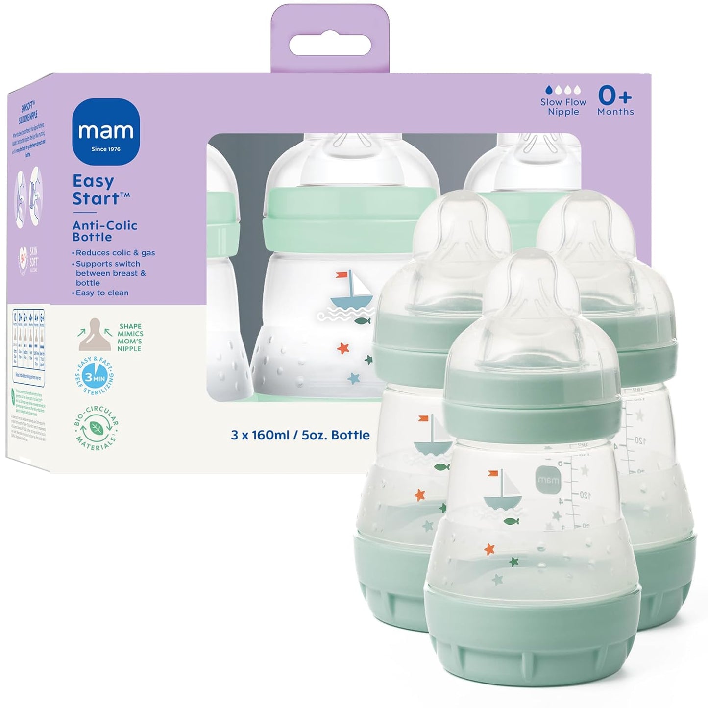 MAM 4.5oz Easy Start Anti-Colic Wide Neck Vented Baby Bottle, Extra Slow Flow Breastfeeding-Like Silicone Nipple, Reduces Colic, Gas & Reflux, Easy to Clean, BPA Free, 0+ Months, Made in Europe