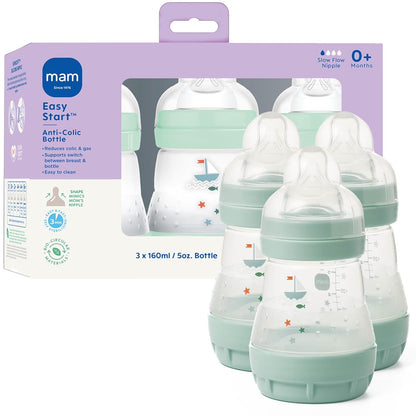 MAM 4.5oz Easy Start Anti-Colic Wide Neck Vented Baby Bottle, Extra Slow Flow Breastfeeding-Like Silicone Nipple, Reduces Colic, Gas & Reflux, Easy to Clean, BPA Free, 0+ Months, Made in Europe