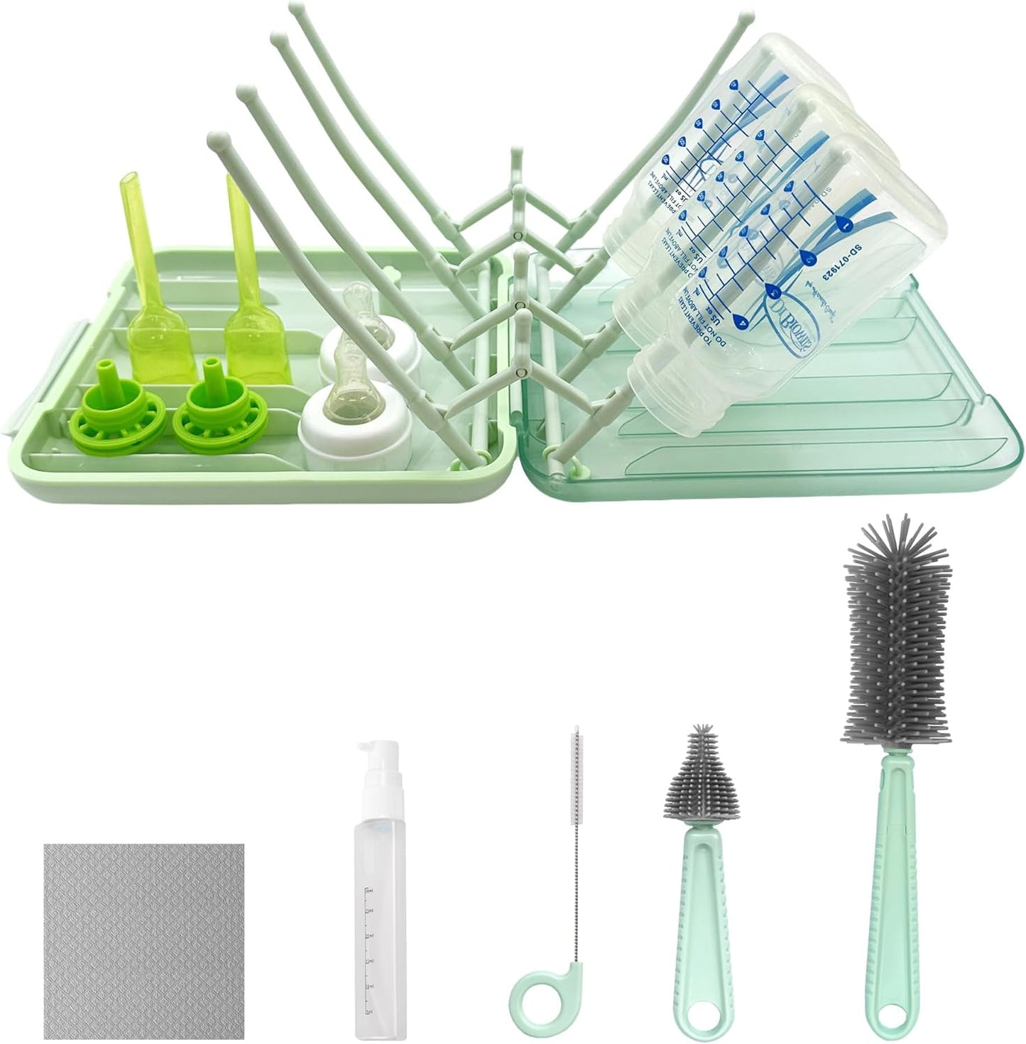 Baby Bottle Brush, 7 in 1 Travel Bottle Cleaner Kit with Soap Dispenser, Bottle Drying Rack, Dishcloths, Portable Essentials for Home and Travel-White