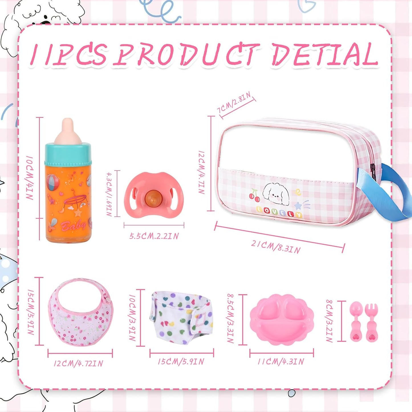 CARANOVO Baby Doll Accessories Set – 7 Pcs Feeding and Caring Set with Magic Disappearing Bottles, Pacifier, Diapers and Bibs Doll Pretend Play Gift for Kids
