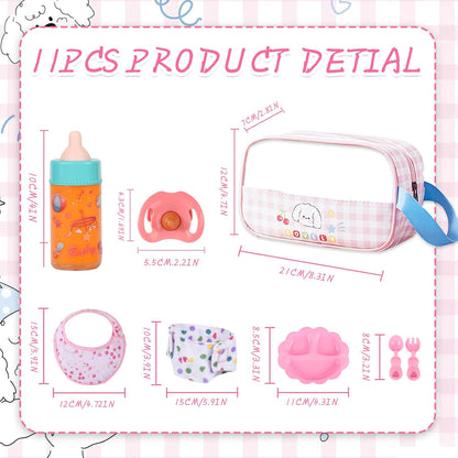 CARANOVO Baby Doll Accessories Set – 7 Pcs Feeding and Caring Set with Magic Disappearing Bottles, Pacifier, Diapers and Bibs Doll Pretend Play Gift for Kids