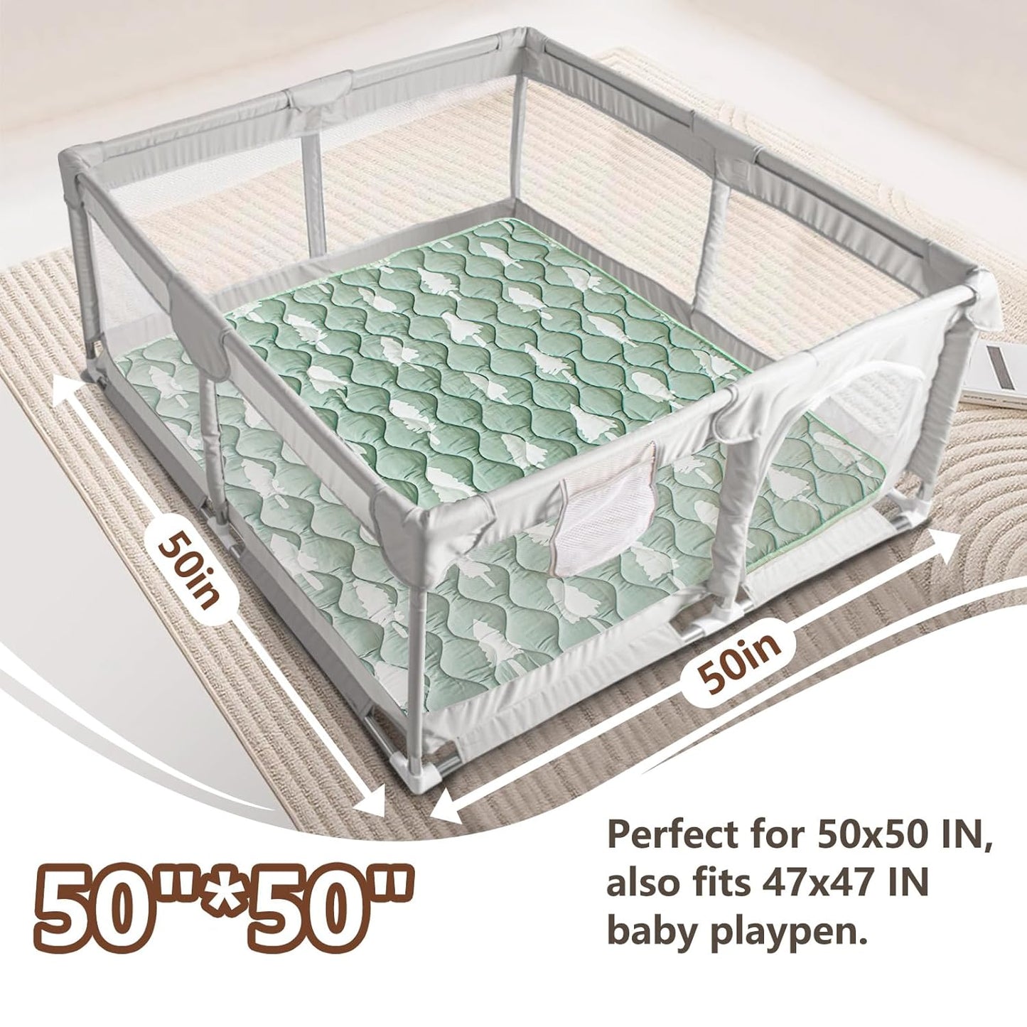 Baby Play Mat, 50x50 Playpen Mat with Super Soft Touch, Activity Mats with Upgraded Anti-Slip Bottom, Machine Washable Crawling Mats for Floor & Picnic (Animal Alphabets)