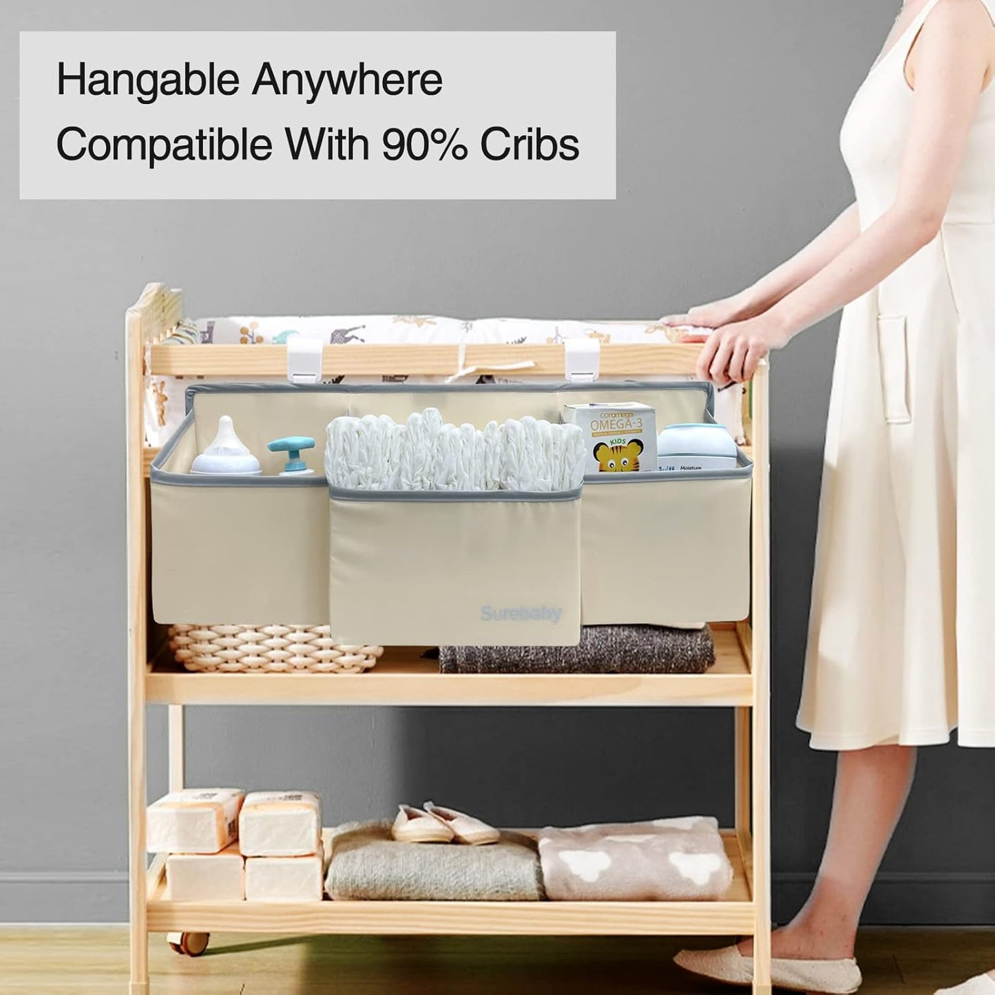 Hanging Baby Diaper Caddy, 3-in-1 Diaper Caddy Organizer Holder For Baby Crib, Nursery Organization Diaper Stacker Storage For Crib, Changing Table-Grey