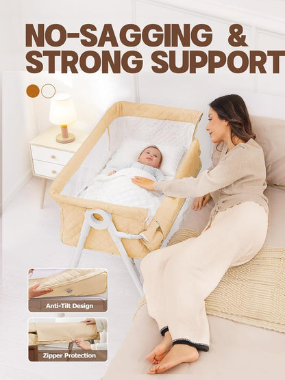 Baby Bassinet Bedside Sleeper - Upgrade Safety Bassinets with Crib Sheet, Easy to Move, 4 Adjustable Height Bedside Bassinet for Infant Newborn, Cream | More Safer, Easy Move, Storage Bag, Waterproof Sheet, Storage Bag, Easy to Install