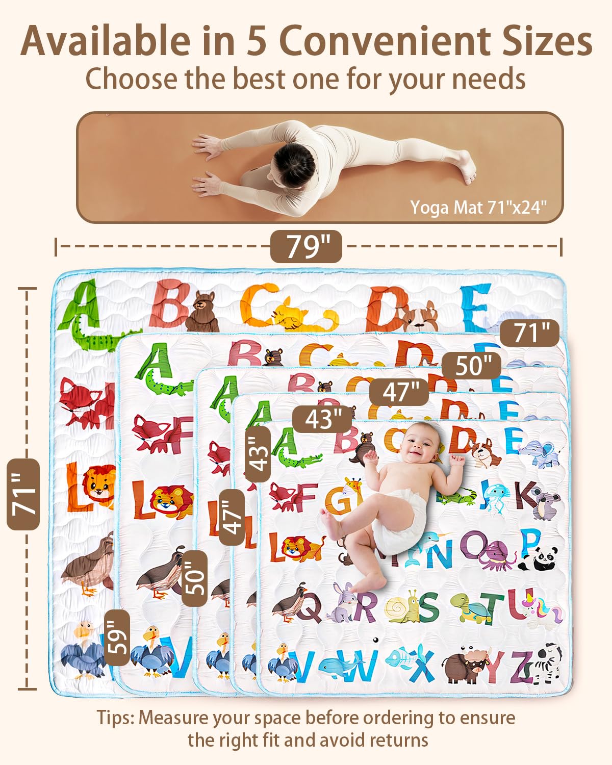 Baby Play Mat, 50x50 Playpen Mat with Super Soft Touch, Activity Mats with Upgraded Anti-Slip Bottom, Machine Washable Crawling Mats for Floor & Picnic (Animal Alphabets)