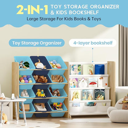 EXPERLAM Kids Toy Storage Organizer - Toy Storage with Bookshelf, Toy Organizer with 12 Blue Bins and 4 Book Shelves, Toy Organizers and Storage for Playroom, Nursery, Kids Room, Burlywood