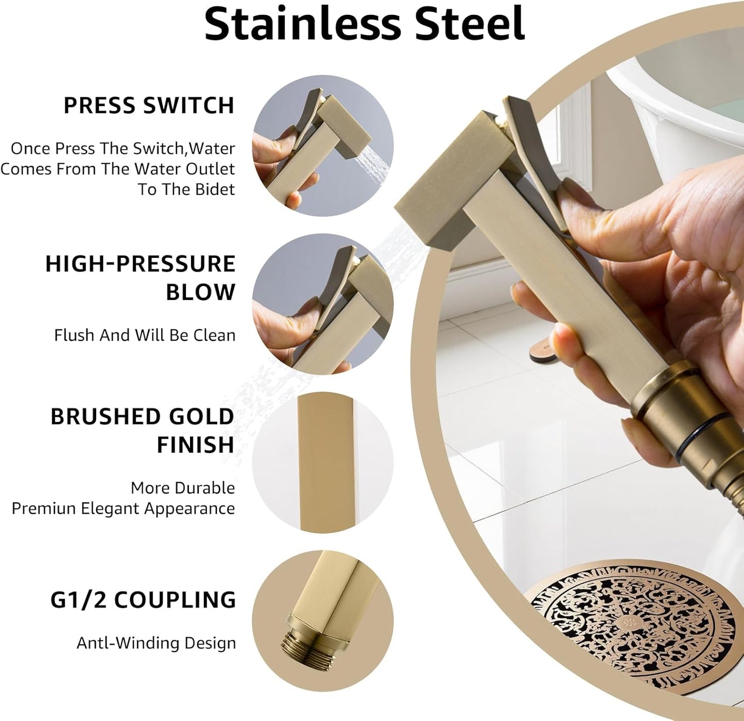 Handheld Bidet Sprayer for Toilet, Cloth Diaper Sprayer with Wall Mounts (ABS) and Hand Held Bidet Bathroom Hose (Stainless Steel), Jet Spray for Toilet, Muslim Shower, Easy to Install (Chrome)