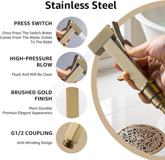 Handheld Bidet Sprayer for Toilet, Cloth Diaper Sprayer with Wall Mounts (ABS) and Hand Held Bidet Bathroom Hose (Stainless Steel), Jet Spray for Toilet, Muslim Shower, Easy to Install (Chrome)