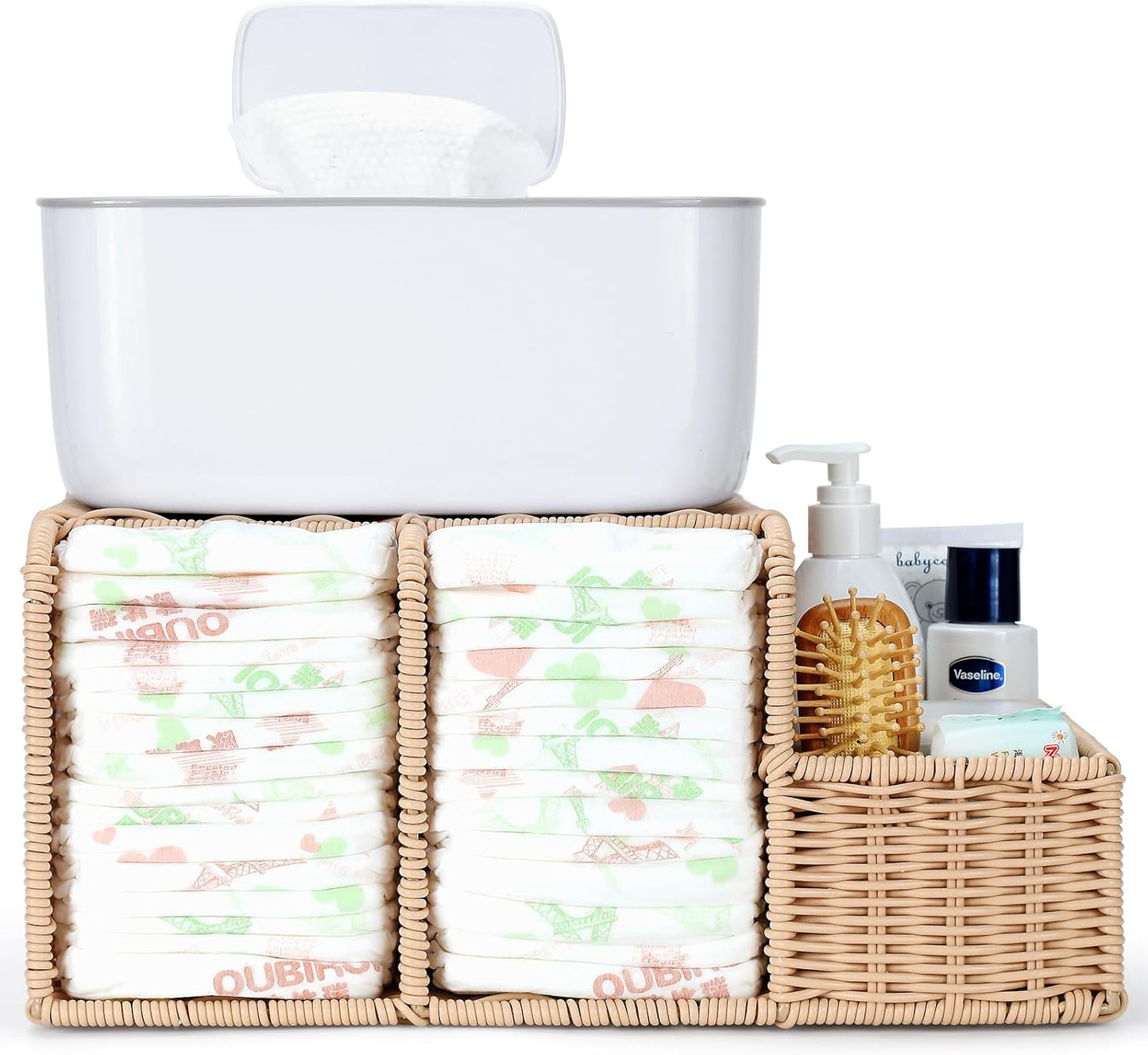 Diaper Caddy Organizer, Hand Rattan Nursery Storage Basket for Baby Essentials, Baby Changing Table Organizer Perfect Nursery Assistant (Natural Light Woven - Style 1, M)