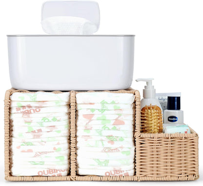 Diaper Caddy Organizer, Hand Rattan Nursery Storage Basket for Baby Essentials, Baby Changing Table Organizer Perfect Nursery Assistant (Natural Light Woven - Style 1, M)