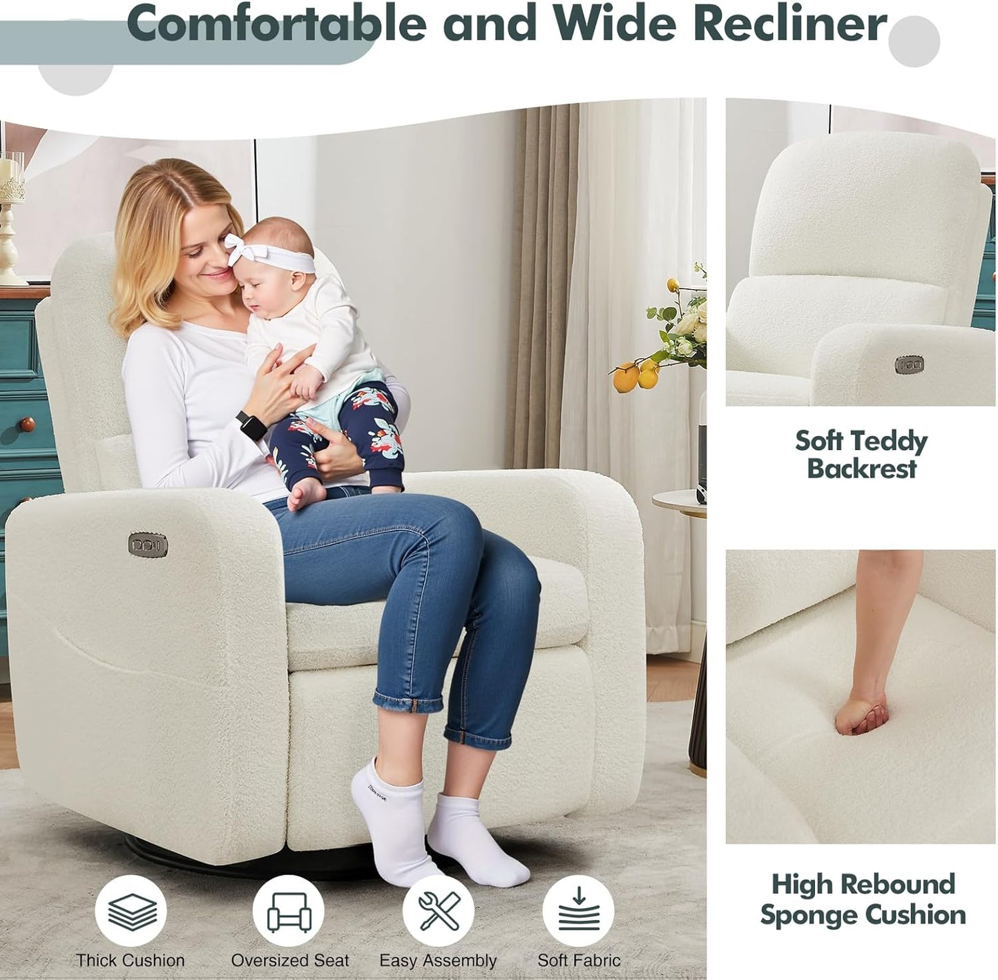 Swivel Rocker Recliner, Oversized Boucle Glider Recliner Nursery, Manual Swivel Rocking Reclining Chairs with Removable Cushion and Lumbar Support for Nursery Living Room Bedroom, Teddy White