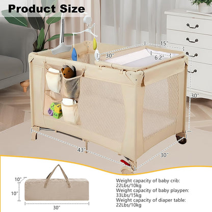 Pack and Play with Changing Table & Carry Bag, 4-in-1 Portable Crib Playpen for Newborn to Toddler, ASTM Certified Foldable Travel Crib with Bassinet(A-Black)