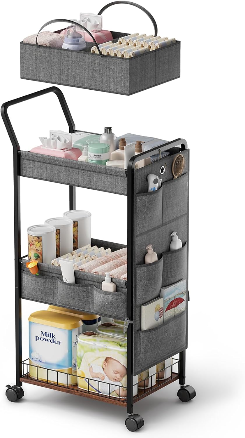 BBLIKE 3-Tier Diaper Caddy Organizer - Rolling Utility Baby Cart with Drawer and Side Pockets for Nursery and Baby Essentials, Multi-Function Cart for Bedroom and Bathroom, White