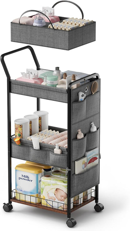 BBLIKE 3-Tier Diaper Caddy Organizer - Rolling Utility Baby Cart with Drawer and Side Pockets for Nursery and Baby Essentials, Multi-Function Cart for Bedroom and Bathroom, White