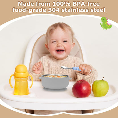 2 Pack Stainless Steel Baby Bowls with Removable Non-Slip Silicone Suction Shell and Lids, Anti Scald Food Container for Baby Food Feeding-Gray & Cream