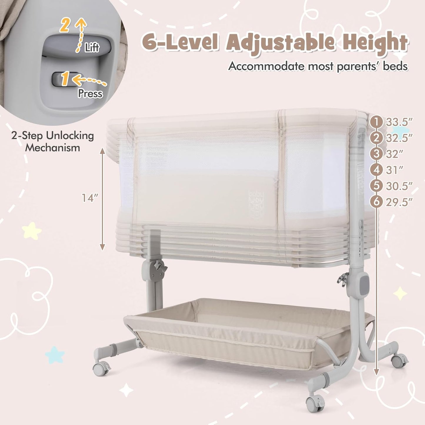 BABY JOY Bassinet, Bedside Crib w/ 6-Level Adjustable Height, Storage Shelf, Wheels, Mattress & Carry Bag for Safe Co-Sleeping, Folding Bassinet Bedside Sleeper for Newborn Infants (Gray)