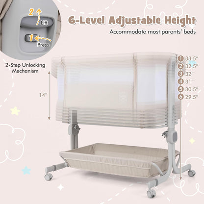 BABY JOY Bassinet, Bedside Crib w/ 6-Level Adjustable Height, Storage Shelf, Wheels, Mattress & Carry Bag for Safe Co-Sleeping, Folding Bassinet Bedside Sleeper for Newborn Infants (Gray)