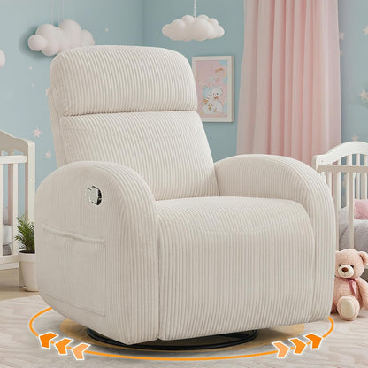Swivel Rocker Recliner Chair, Rocking Recliner for Nursery with Side Pockets, Manual Swivel Reclining Nursery Glider Chair for Breastfeeding Living Room, Camel Chenille
