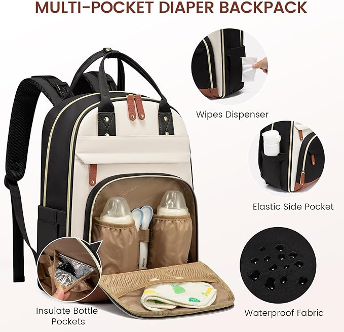 LOVEVOOK Diaper Bag Backpack, Baby Bag with Changing Pad, Large Diaper Backpack Boy Girl, Waterproof Baby Registry Bag for Mom Dad with Stroller Buckles, Beige Brown Black