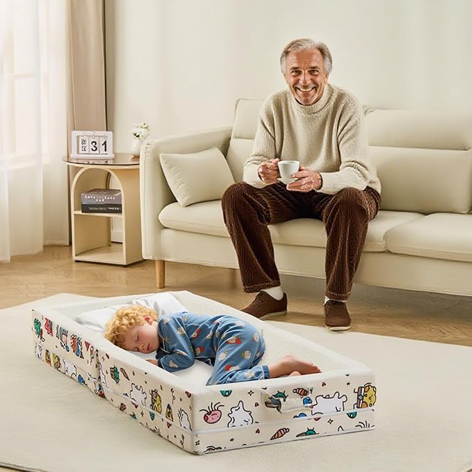 Umoving Portable Foldable Toddler Travel Bed – Air Layer Fabric Soft Foam Floor Crib with Safety Rails, No Assembly, Washable Cover, Compact Kids Sleep Solution for Home, Trips & Daycare, Cream