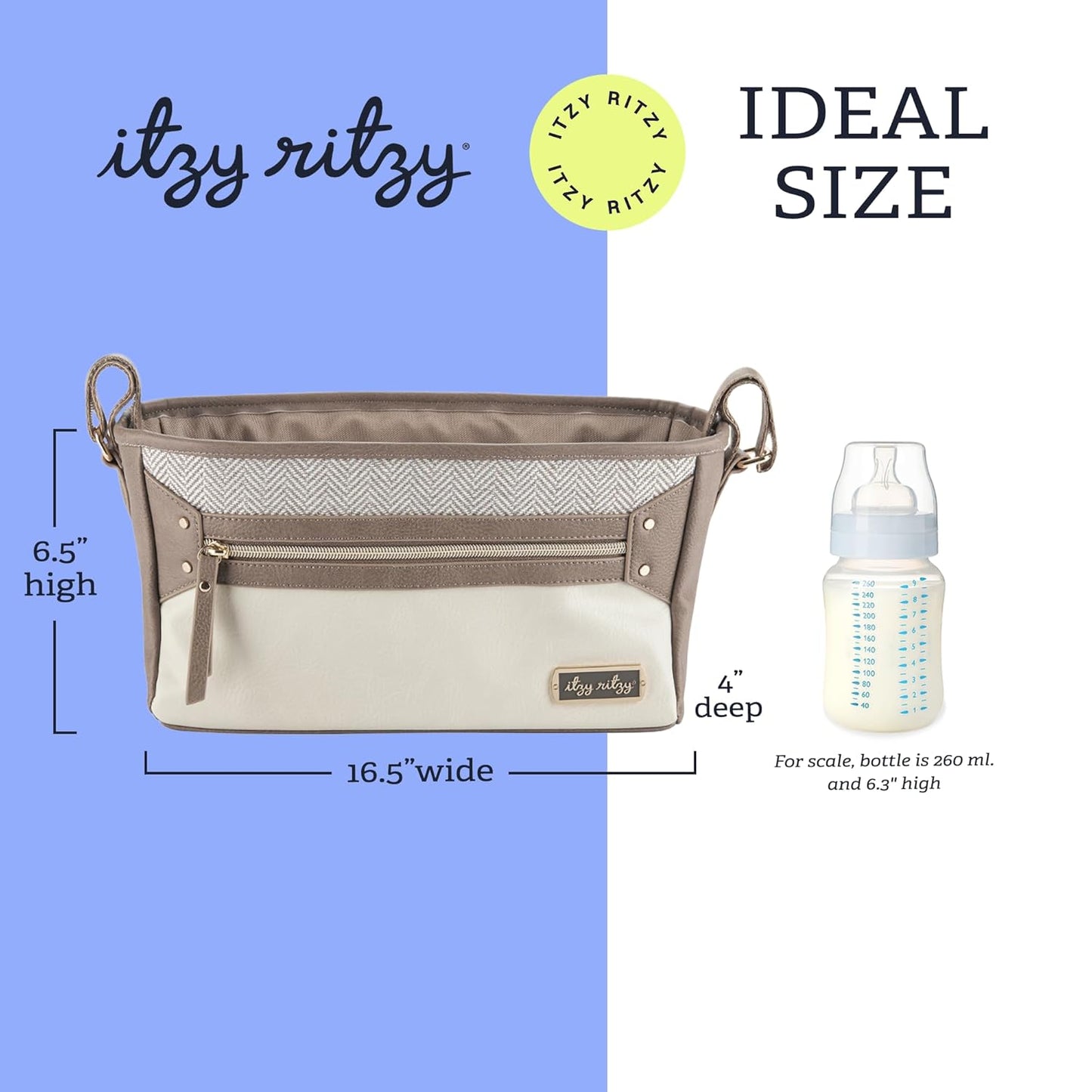 Itzy Ritzy Adjustable Stroller Caddy and Organizer Bag Featuring Front Zippered Pocket, 2 Built-In Interior Pockets & Adjustable Straps to Fit Nearly Any Stroller (Coffee and Cream)