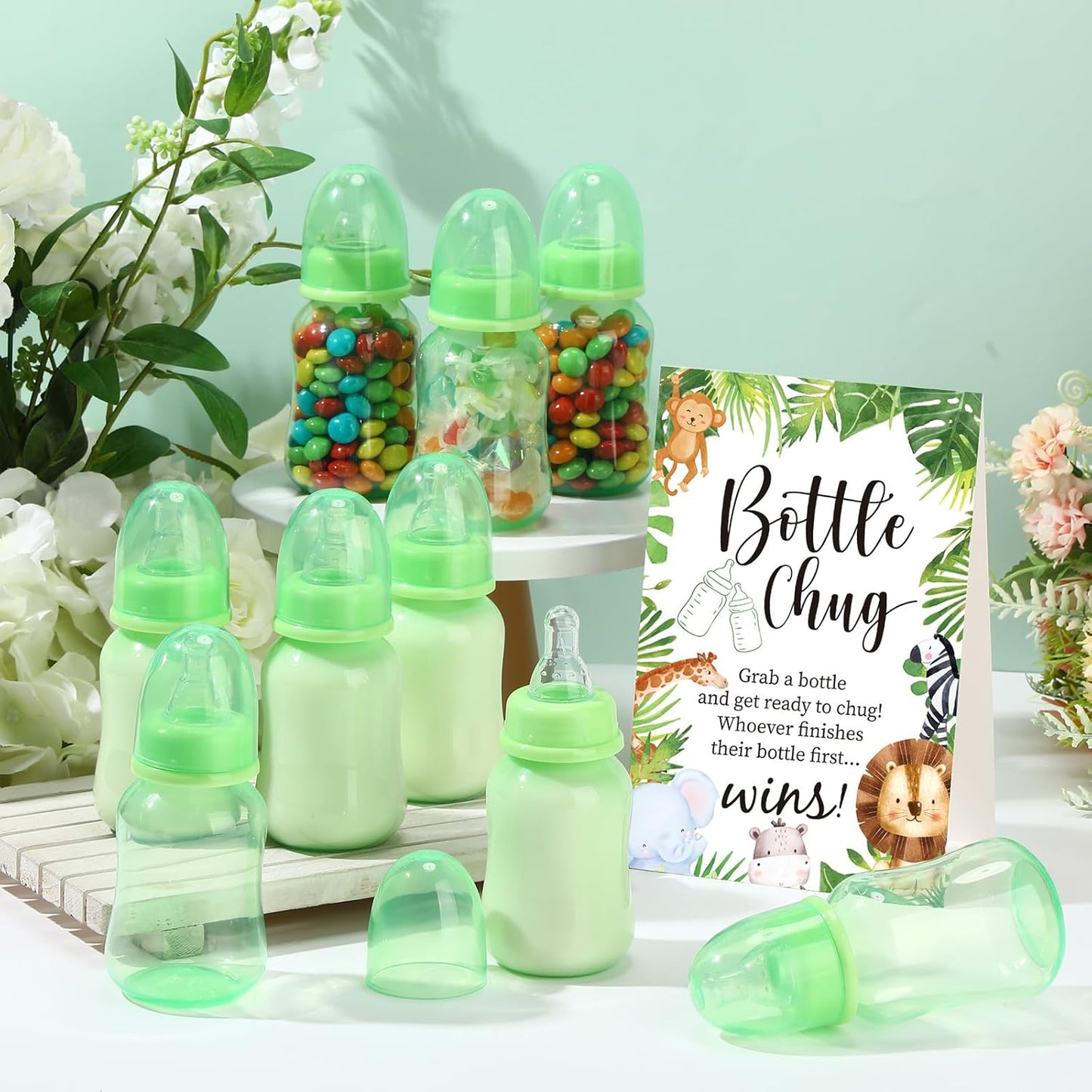TrelaCo Bottle Chug Baby Shower Game 20 Pcs Baby Bottles Shower Favor with 1 Greenery Theme Sign for Gender Reveal Party Supplies Gifts(Green)