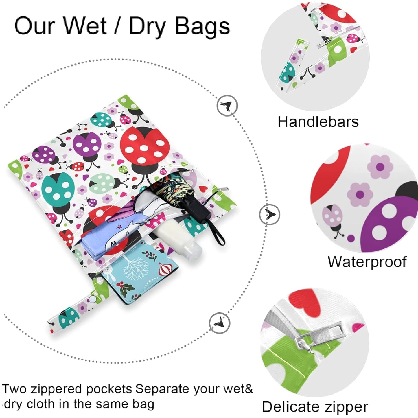 visesunny Contour Lines White Abstract Flower Pink Pattern 2Pcs Wet Bag with Zippered Pockets Washable Reusable Roomy for Travel,Beach,Pool,Daycare,Stroller,Diapers,Dirty Gym Clothes, Wet Swimsuits, T