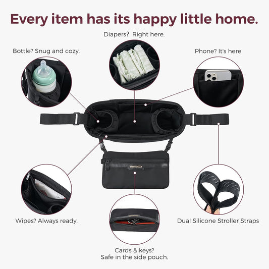 Momcozy Universal Stroller Organizer | Minimalist Caddy with 2 Insulated Bottle Holder | Silicone Anti-Slip Straps | Detachable Mini Pouch | Durable Dense-Weave, Fits for UPPAbaby/Doona & More