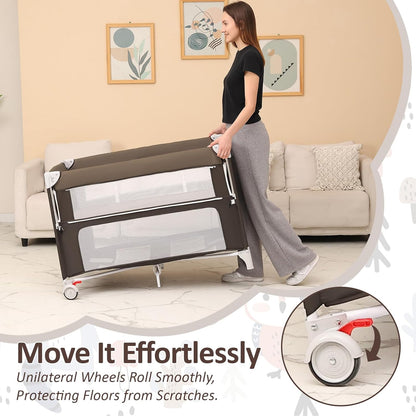 5-in-1 Baby Bassinet Bedside Sleeper, Foldable Pack and Play,One-Push Bedside Crib with Playard, Includes Mattress, Changing Table, Mosquito Net, Music Toy & Storage for Newborn to Toddler (Dark Grey)