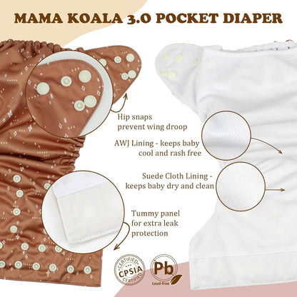 Mama Koala 3.0 Baby Cloth Diapers with 6 Inserts Bundle, with 2 Pack Wet Dry Bags, and 2 Waterproof Pail Liners