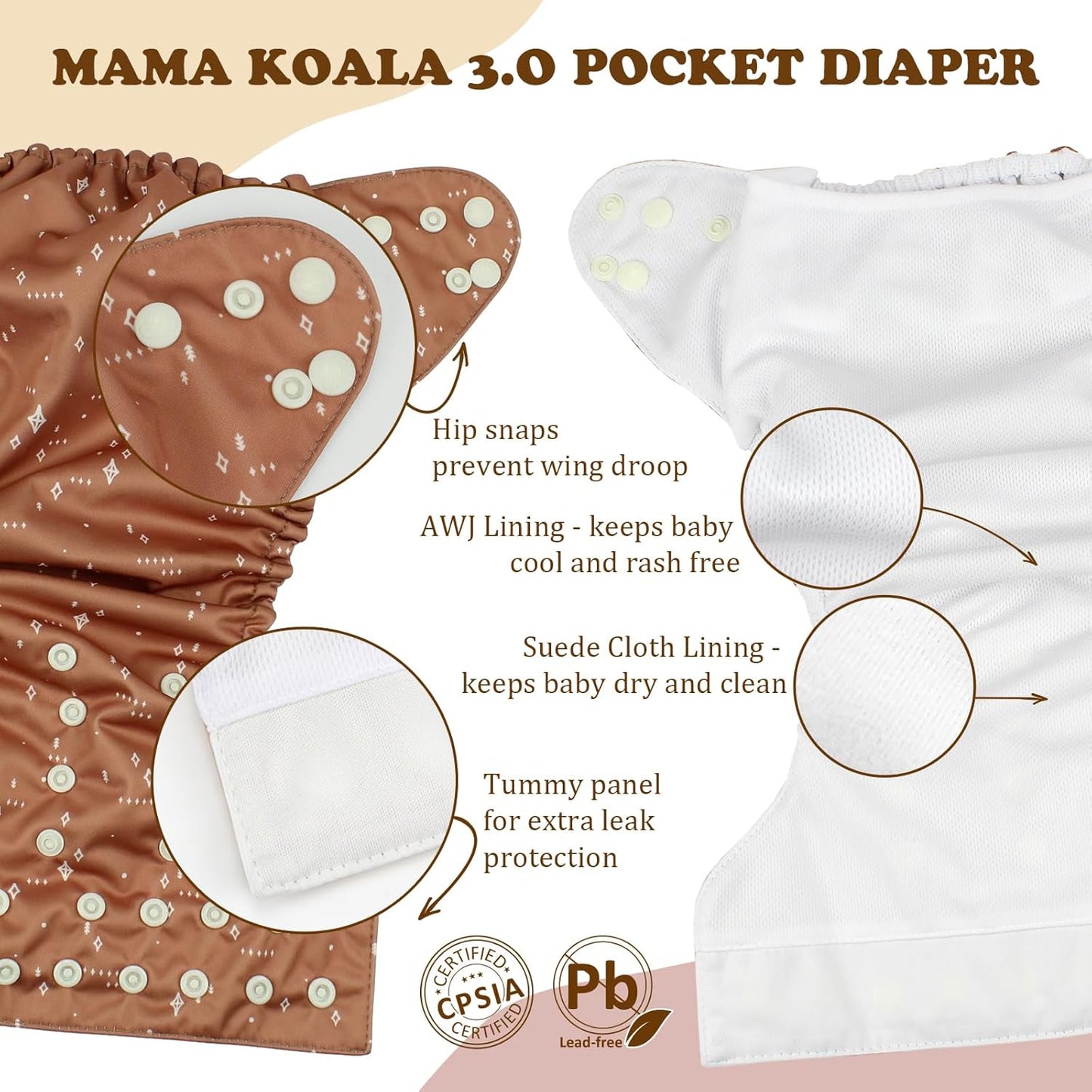 Mama Koala 3.0 Baby Cloth Diapers with 6 Inserts Bundle(Simply Neutrals), with 2 Pack Reusable Pail Liner