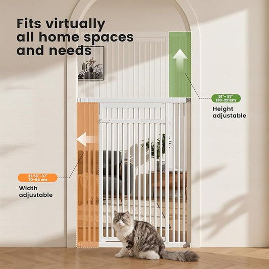 Gardner Pet 51"-87" Extra Tall Cat Gate for Doorway, Wide Adjustable 27.56"-37" Baby Gate Included 4 Extension Kits, Pressure Mounted Safety Full Door Gate for Stairs, Studio, Kitchen (White)