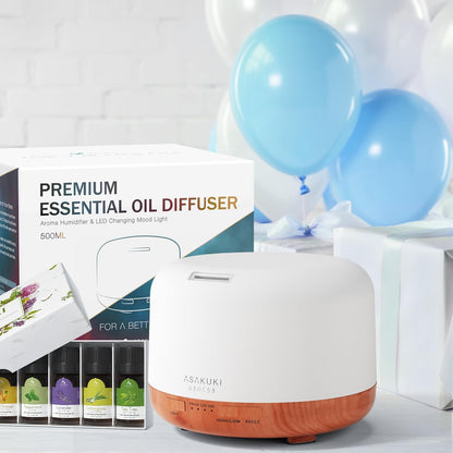 ASAKUKI Essential Oil Diffuser for Home, 500ML Aromatherapy Diffuser Humidifier with Remote Control, 7 Color LED Lights, Quiet Cool Mist Diffuser for Bedroom, Office, Gift for Mom (Yellow)