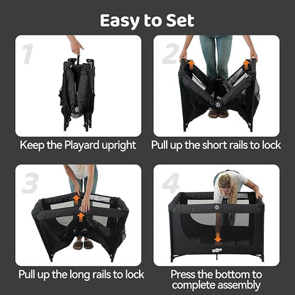 Pamo Babe Compact Pack and Play - Portable Crib for Baby, Lightweight Foldable Travel Playard with Mattress Pad & Carry Bag, Safe Breathable Travel Bed for Home, Trips & Family Visits, Black