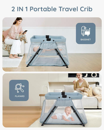 Lilian&Gema 2-in-1 Travel Crib, Portable & Foldable Crib with Backpack, Lightweight Baby Travel Playpen with Thick Mattress for Babies & Toddlers, Baby Travel Essential