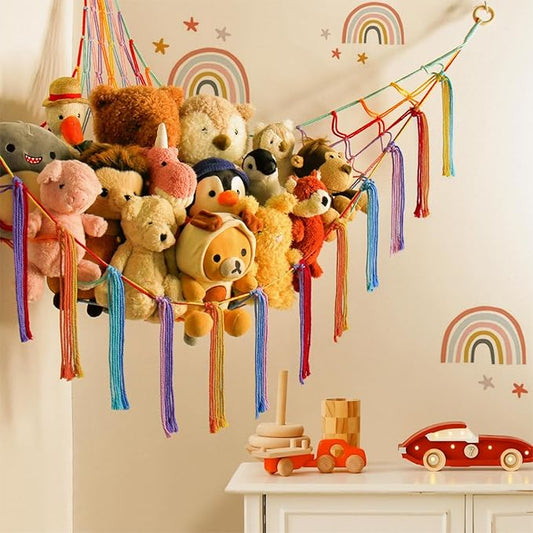 mirolam Stuffed Animal Hammock Corner Storage Net Cute Preppy Trendy Stuff Gifts for Teen Girls Baby Room Wall Nursery Decor Rainbow Color Colorful Unicorn Hanging Organizers XL Large