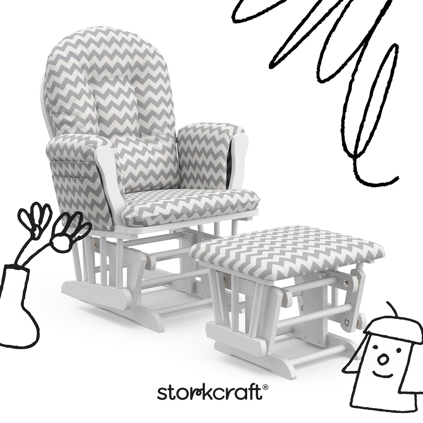 Storkcraft Premium Hoop Glider & Ottoman (White/Gray) — GREENGUARD Gold Certified Nursery Glider, Solid Wood Craftsmanship, Smooth-Gliding, Award-Winning - Colors A
