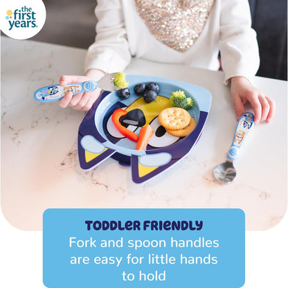 The First Years Bluey Kids Dinnerware Set - Includes Bluey Suction Plate, Bingo Suction Bowl, and Stainless Steel Toddler Silverware - Toddler and Baby Feeding Essentials - 4 Count