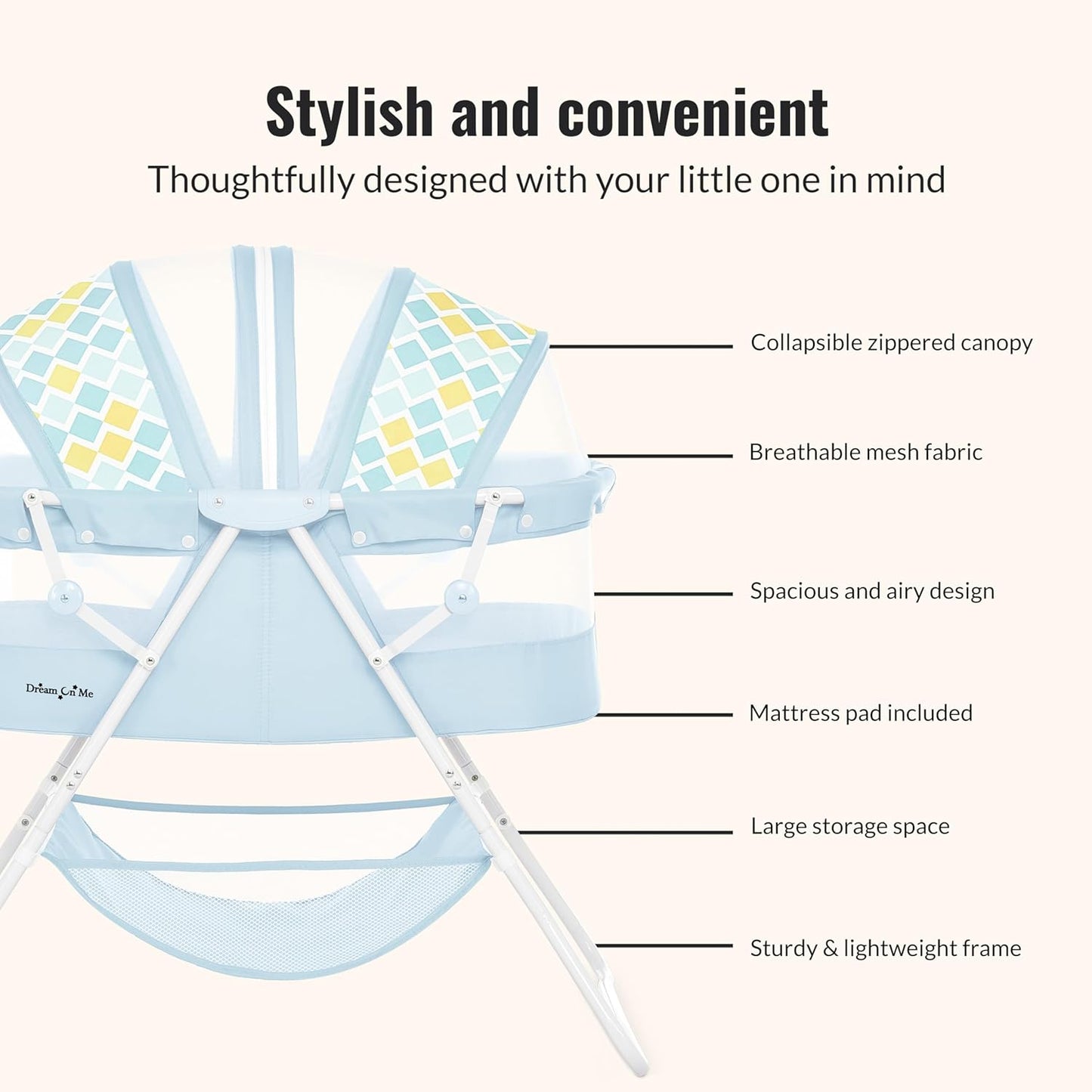Dream On Me Karley Bassinet, Award Winner Lightweight Travel Baby Bassinet, Foldable Bedside Sleeper, Adjustable Double Canopy, Spacious Design, Soft Fabric, Storage Basket – Blue and Grey