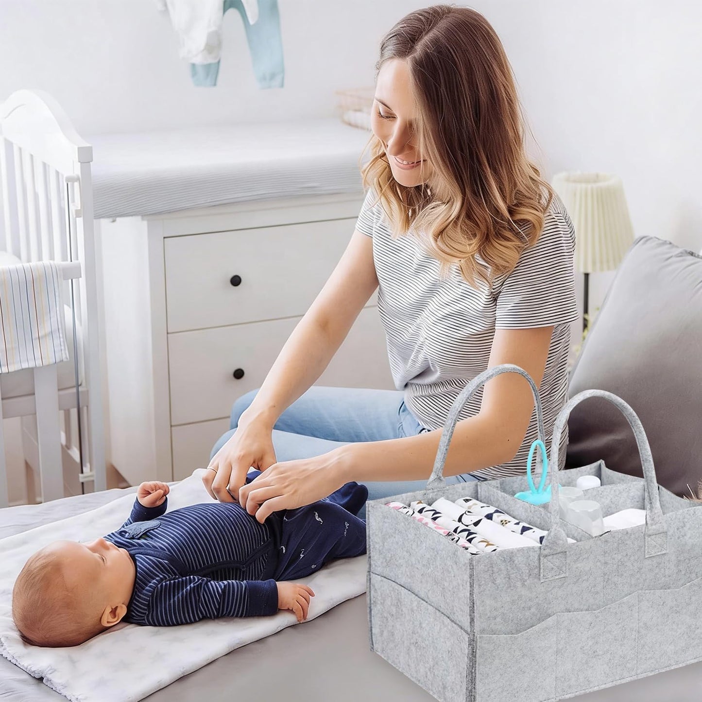 2 Pack Diaper Caddy Organizer, Portable Baby Caddy Organizer with Handle, Collapsible Nursery Storage Bin and Gift Baskets for Girls and Boys - Newborn Essentials, Baby Shower Gifts (Green)