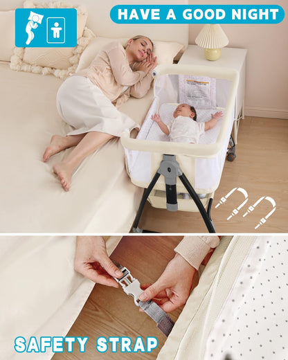 Bedside Bassinet for Baby, 3 in 1 Breathable Mesh Baby Bassinet, 6 Height Adjustable, Easy to Assemble, Bassinet Bedside Sleeper with Wheels, Mosquito Net, Storage Basket, Bassinets for Newborn Baby | Multi-functional